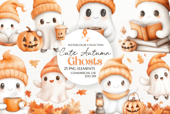 Download Cute Autumn Ghosts Watercolor Clipart - Ghost Collection