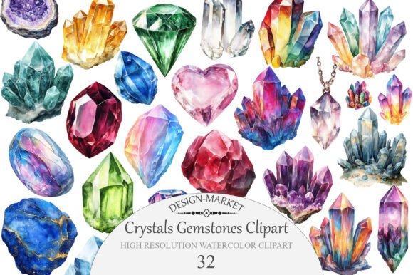 Download Watercolor Crystals Gemstones Clipart - Crystals Collection